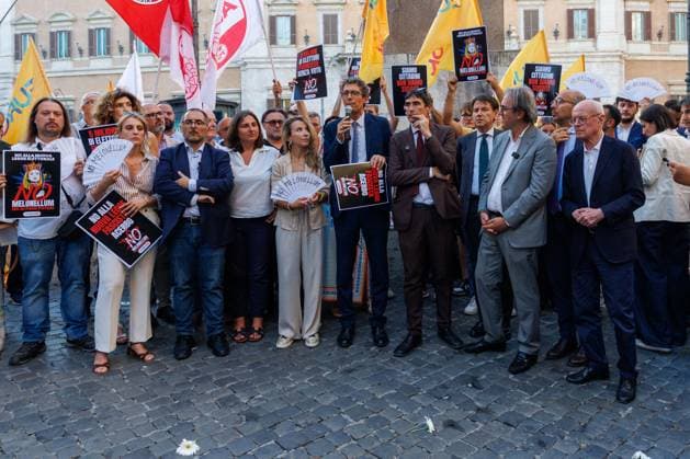 July 14, 2026, Rome, Roma, Italy: Opposition leaders participate in the sit-in oo¡ooeÃ¢oeoÂ¤Ã¢oeÃ¢¢˜The Night of Democracyoo¡ooeÃ¢oeoÂ¤Ã¢oeÃ¢¢˜ against the reform of the electoral law in the photo Elly Schlein, Angelo Bonelli, Giuseppe Conte, Nicola Fratoianni Riccardo Magi Rome, 14 07 26 Rome Italy  - ZUMAa289 20260714_zia_a289_169 Copyright: xFrancescoxFotiax xAgfx