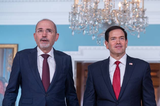 Marco Rubio meets Jordanian FM Safadi at State Department in Washington DC WASHINGTON DC, UNITED STATES - JULY 14: U.S. Secretary of State Marco Rubio (R) greets Jordanian Deputy Prime Minister and Foreign Minister Ayman Safadi (L) ahead of their bilateral meeting at the U.S. State Department in Washington, D.C., United States, on July 14, 2026. Mehmet Eser Anadolu Washington DC United States. Editorial use only. Please get in touch for any other usage.  Copyright: x2026xAnadoluxMehmetxEserx