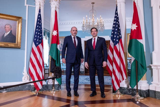 Marco Rubio meets Jordanian FM Safadi at State Department in Washington DC WASHINGTON DC, UNITED STATES - JULY 14: U.S. Secretary of State Marco Rubio (R) greets Jordanian Deputy Prime Minister and Foreign Minister Ayman Safadi (L) ahead of their bilateral meeting at the U.S. State Department in Washington, D.C., United States, on July 14, 2026. Mehmet Eser Anadolu Washington DC United States. Editorial use only. Please get in touch for any other usage.  Copyright: x2026xAnadoluxMehmetxEserx
