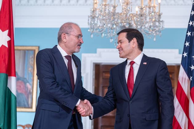 Marco Rubio meets Jordanian FM Safadi at State Department in Washington DC WASHINGTON DC, UNITED STATES - JULY 14: U.S. Secretary of State Marco Rubio (R) greets Jordanian Deputy Prime Minister and Foreign Minister Ayman Safadi (L) ahead of their bilateral meeting at the U.S. State Department in Washington, D.C., United States, on July 14, 2026. Mehmet Eser Anadolu Washington DC United States. Editorial use only. Please get in touch for any other usage.  Copyright: x2026xAnadoluxMehmetxEserx