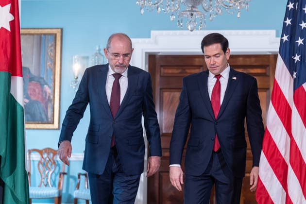Marco Rubio meets Jordanian FM Safadi at State Department in Washington DC WASHINGTON DC, UNITED STATES - JULY 14: U.S. Secretary of State Marco Rubio (R) greets Jordanian Deputy Prime Minister and Foreign Minister Ayman Safadi (L) ahead of their bilateral meeting at the U.S. State Department in Washington, D.C., United States, on July 14, 2026. Mehmet Eser Anadolu Washington DC United States. Editorial use only. Please get in touch for any other usage.  Copyright: x2026xAnadoluxMehmetxEserx