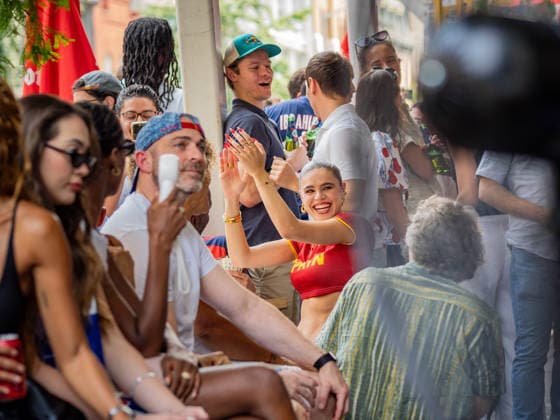 July 14, 2026, New York, New York, USA: A lone Spain supporter among a crowd of French fans erupts in celebration as Spain scores, at a Soho bar in New York City where fans have gathered to watch the FIFA semifinal between France and Spain. New York USA - ZUMAc266 20260714_znp_c266_007 Copyright: xCarlosxChiossonex