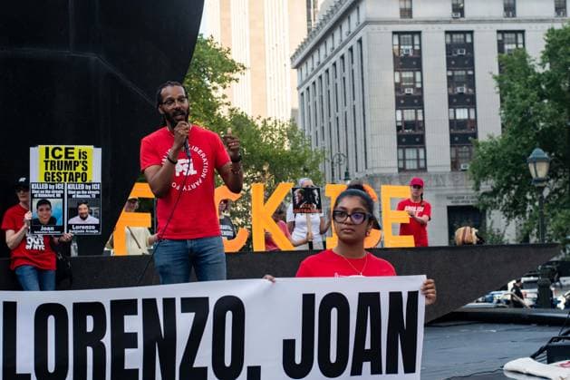 July 14, 2026, New York, New York, USA: ANDRE EASTON, member of the Party for Socialism and Liberation and a Congressional candidate campaigning to represent New York s 15th Congressional District, speaking at a protest in Foley Square in New York, York, to highlight the killings of Lorenzo Salgado Araujo in Houston, Texas, and Joan Sebestian Guerrero in in Biddeford, Maine, by ICE agents on July 14, 2026. New York USA - ZUMAk208 20260714_znp_k208_017 Copyright: xKellyxKimballx