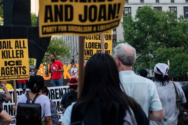 July 14, 2026, New York, New York, USA: Protesters gather in Foley Square in New York, York, to protest the killings of Lorenzo Salgado Araujo in Houston, Texas, and Joan Sebestian Guerrero in in Biddeford, Maine, by ICE agents on July 14, 2026. New York USA  - ZUMAk208 20260714_znp_k208_019 Copyright: xKellyxKimballx
