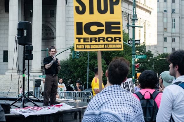 July 14, 2026, New York, New York, USA: Protesters gather in Foley Square in New York, York, to protest the killings of Lorenzo Salgado Araujo in Houston, Texas, and Joan Sebestian Guerrero in in Biddeford, Maine, by ICE agents on July 14, 2026. New York USA  - ZUMAk208 20260714_znp_k208_028 Copyright: xKellyxKimballx