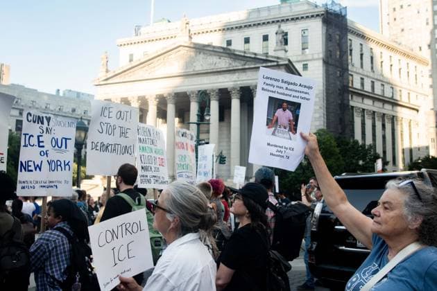 July 14, 2026, New York, New York, USA: Protesters gather in Foley Square in New York, York, to protest the killings of Lorenzo Salgado Araujo in Houston, Texas, and Joan Sebestian Guerrero in in Biddeford, Maine, by ICE agents on July 14, 2026. New York USA - ZUMAk208 20260714_znp_k208_030 Copyright: xKellyxKimballx