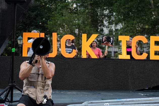 July 14, 2026, New York, New York, USA: Protesters gather in Foley Square in New York, York, to protest the killings of Lorenzo Salgado Araujo in Houston, Texas, and Joan Sebestian Guerrero in in Biddeford, Maine, by ICE agents on July 14, 2026. New York USA - ZUMAk208 20260714_znp_k208_046 Copyright: xKellyxKimballx