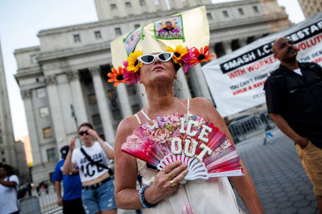 July 14, 2026, New York, New York, USA: A person is seen amongst rally-goers. Protesters gather and demand justice for Lorenzo Salgado Araujo, 52, a man shot and killed by Immigration and Customs Enforcement (ICE). Protesters call for a full investigation into the fatal shooting and demand an end to local collaboration with ICE. New York USA  - ZUMAh182 20260714_znp_h182_002 Copyright: xMatthewxHoenx