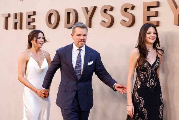 Luciana Barroso, Matt Damon and Isabella Damon arrive on the red carpet when Universal Pictures and Syncopy present the New York Premiere of The Odyssey at AMC Lincoln Square Theater on Tuesday, July 14, 2026 in New York City.  NYP20260714247 JOHNxANGELILLO