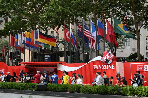 July 14, 2026, New York, New York, USA: July 14, 2026 - New York, NY, USA - New Yorkers and tourists supporting Spain and France in the semi-final match of the World Cup gather in Rockefeller Center for a watch party. Despite the high heat and sun the area was packed. The promising run to the final for France and Mbappe ends with SpainÃ¢â‚¬â ¢s win 2-0. The fans were on the pitch and in the Channel Gardens. (Andrea RENAULT Zuma Press) New York USA  - ZUMAg115 20260714_faf_g115_039 Copyright: xAndreaxRenaultx