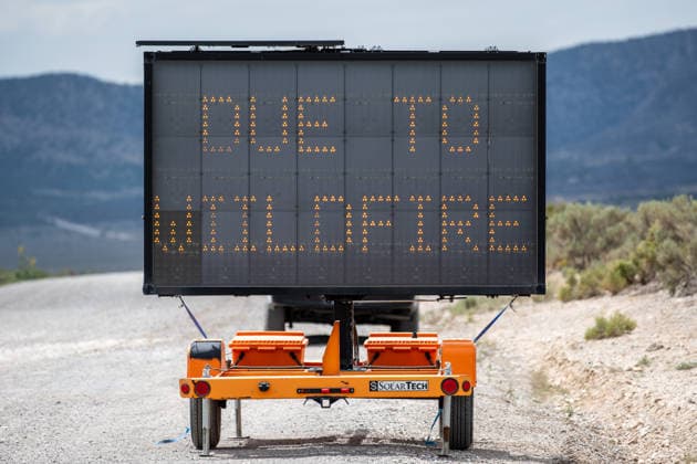 July 14, 2026, Vernon, Utah, USA: A portable electronic message board warns drivers of a road closure near Vernon, Utah, on Tuesday, July 14, 2026. Local authorities closed several surrounding routes to clear paths for emergency response personnel battling the active Stookey wildfire in Tooele County. Vernon USA - ZUMAm292 20260714_znp_m292_039 Copyright: xCharlesxMcClintockxWilsonx
