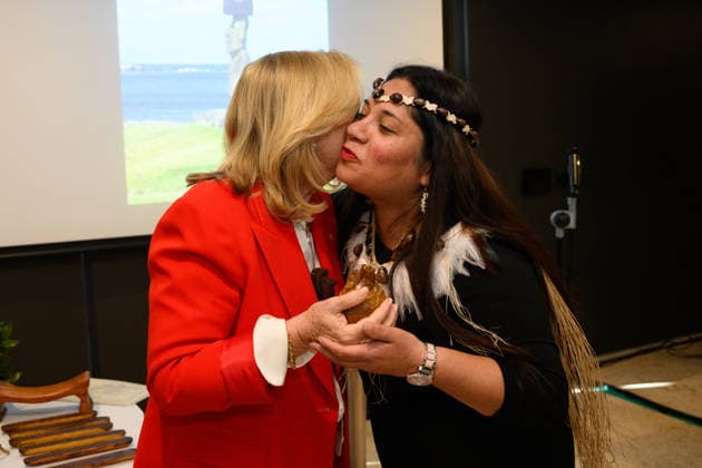 RAPA NUI ANCESTORS RETURN, Vaitiare Pakarati, Rapa Nui artist and delegation member (right) embraces Kim McKay, Director & CEO, Australian Museum during a ceremony to formally return 17 Rapa Nui ancestors and a sample of human hair to Te Mau Hatu o Rapa Nui (Easter Island) representatives at the Australian Museum, in Sydney, Wednesday, July 15, 2026. ( NO ARCHIVING SYDNEY NEW SOUTH WALES AUSTRALIA  Copyright: xDANxHIMBRECHTSx 20260715162480613950