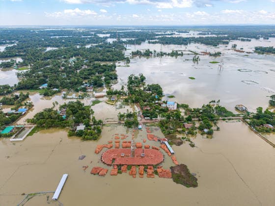 Aftermath Of Floodwaters In Chattogram An aerial drone view shows a traditional brick kiln surrounded by floodwaters in Banshkhali, Chattogram, Bangladesh, on July 14, 2026. Floodwaters in Banshkhali and Satkania in Chittagong are slowly receding, revealing collapsed mud houses, damaged structures, destroyed brick kilns, and severely damaged agricultural land. The flooding has displaced thousands of people. Chattogram Bangladesh  Copyright: xZakirxHossainx originalFilename: hossain-notitle260714_npfsy.jpg