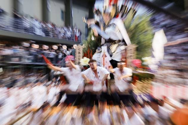 Hakata Gion Yamakasa Festival in Fukuoka A yamakasa decorated float is carried along a 5-kilometer course during the annual Hakata Gion Yamakasa Festival in the early morning of July 15, 2026, in the southwestern Japan city of Fukuoka.  A14AA0005623190P
