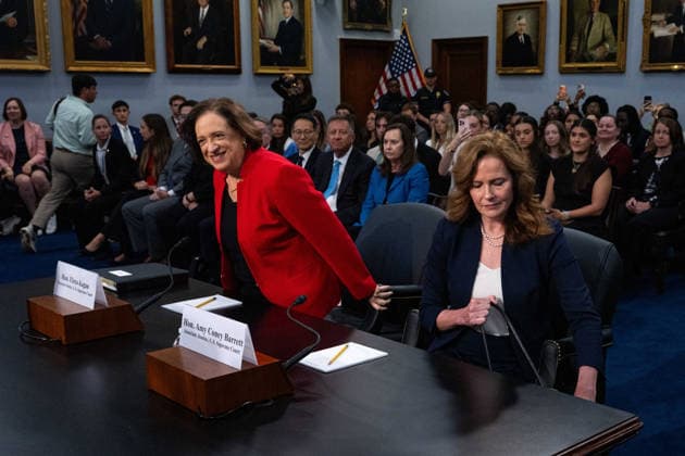 Justices Kagan and Coney Barrett Testify on US Supreme Court FY 2027 Budget Associate Justice of the Supreme Court Elena Kagan and Associate Justice of the Supreme Court Amy Coney Barrett take their seats to testify before the US House Committee on Appropriations in Washington, DC, USA, on Tuesday, July 14, 2026. Photo by Emily Alff CNP ABACAPRESS.COM Washington District of Columbia United States  Copyright: xCNP ABACAx