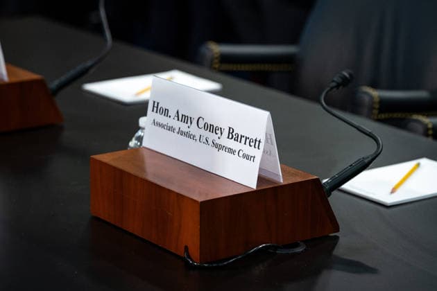 Justices Kagan and Coney Barrett Testify on US Supreme Court FY 2027 Budget Placards for Associate Justice of the Supreme Court Amy Coney Barrett and Associate Justice of the Supreme Court and Elena Kagan are placed on a hearing table ahead of the justices’ testimony before the US House Committee on Appropriations in Washington, DC, USA, on Tuesday, July 14, 2026. Photo by Emily Alff CNP ABACAPRESS.COM Washington District of Columbia United States  Copyright: xCNP ABACAx