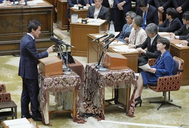 Japan PM Takaichi in parliament Japanese Prime Minister Sanae Takaichi (R, front) listens to a question from Junya Ogawa, leader of the Centrist Reform Alliance, the House of Representatives largest opposition party, during one-on-one debates with opposition party leaders in parliament in Tokyo on July 15, 2026.  A14AA0005623206P