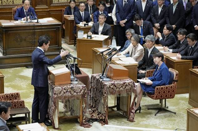 Japan PM Takaichi in parliament Japanese Prime Minister Sanae Takaichi (R, front) listens to a question from Junya Ogawa, leader of the Centrist Reform Alliance, the House of Representatives largest opposition party, during one-on-one debates with opposition party leaders in parliament in Tokyo on July 15, 2026.  A14AA0005623207P
