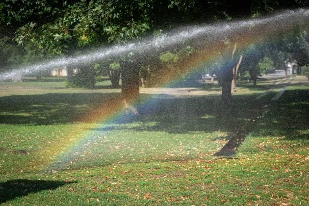 Berlin, Rasensprenger Ein Regenbogen im Wasser eines Rasensprengers auf der Wiese nahe dem Bundestags am 15.07.2026 in Berlin. Berlin Bundeskanzleramt Berlin Deutschland *** Berlin, Lawn Sprinkler: A rainbow in the water from a lawn sprinkler on a lawn near the Bundestag on July 15, 2026, in Berlin, Berlin, Federal Chancellery, Berlin, Germany