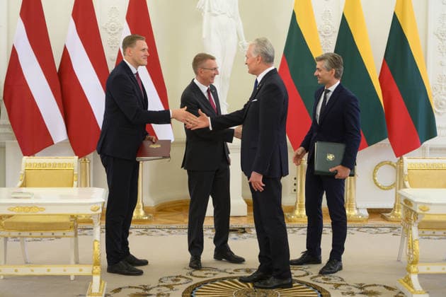 Gitanas Nauseda - Edgars Rinkvics meeting in Vilnius VILNIUS, LITHUANIA - JULY 15: Lithuanian President Gitanas Nauseda meets with Latvian President Edgars Rinkevics during his state visit to Vilnius, Lithuania on July 15, 2026. The leaders discussed regional security, defense cooperation, support for Ukraine, energy projects and the development of bilateral economic ties. Lithuania and Latvia signed a declaration confirming their strategic partnership and common priorities in security and other key areas. The visit marks the 35th anniversary of the restoration of diplomatic relations between the two Baltic states. Yauhen Yerchak Anadolu Vilnius Lithuania. Editorial use only. Please get in touch for any other usage.  Copyright: x2026xAnadoluxYauhenxYerchakx
