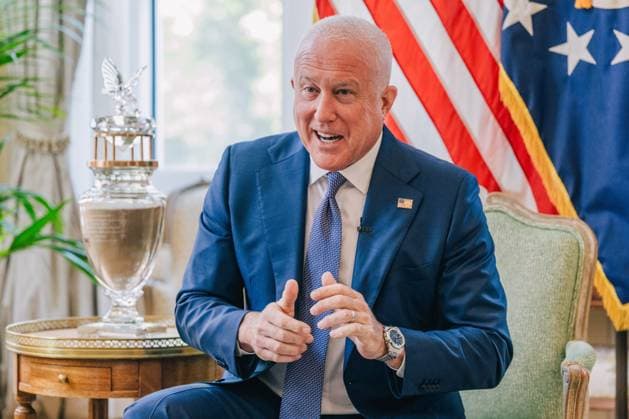 US ambassador to Belgium Bill White delivers a speech at a press conference regarding his audience with King Philippe and his ongoing efforts in Belgium to strengthen relations between the United States and Belgium on Wednesday 15 July 2026, in Brussels.  EMILExWINDAL 181178110