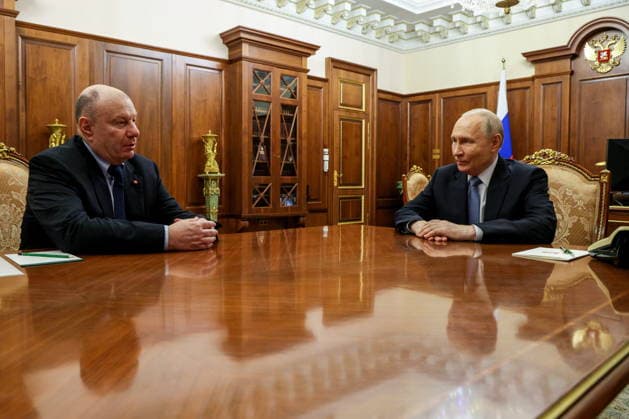 RUSSIA, MOSCOW - JULY 15, 2026: Vladimir Potanin (L), MMC Norilsk Nickel President, and Vladimir Putin, President of Russia, hold a meeting at the Moscow Kremlin. Gavriil Grigorov Russian Presidential Press and Information Office TASS  95067823