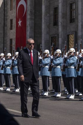 Turkish President Recep Tayyip Erdogan ANKARA, TURKIYE - JULY 15: Turkish President Recep Tayyip Erdogan greets the ceremonial guard during the July 15 Democracy and National Unity Day commemoration program at the Grand National Assembly of Turkiye in Ankara, Turkiye, on July 15, 2026. Osmancan Gurdogan Anadolu Ankara Turkey. Editorial use only. Please get in touch for any other usage.  Copyright: x2026xAnadoluxOsmancanxGurdoganx