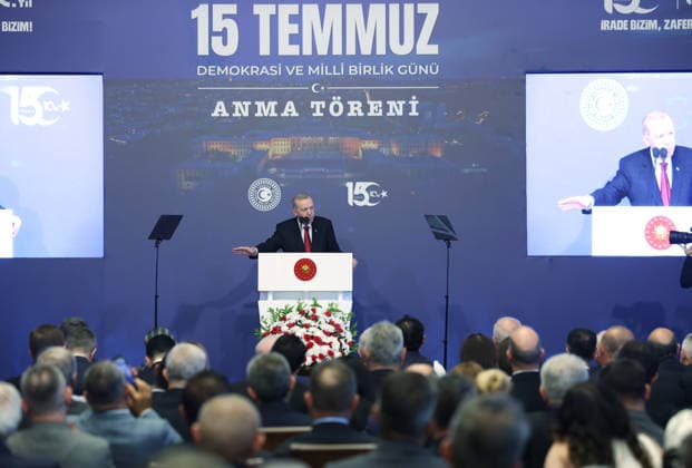 Turkish President Recep Tayyip Erdogan ANKARA, TURKIYE - JULY 15: (----EDITORIAL USE ONLY - MANDATORY CREDIT - TURKISH PRESIDENCY MURAT KULA HANDOUT - NO MARKETING NO ADVERTISING CAMPAIGNS - DISTRIBUTED AS A SERVICE TO CLIENTS----) Turkish President Recep Tayyip Erdogan speaks during the July 15 Democracy and National Unity Day commemoration program held at the Grand National Assembly of Turkiye in Ankara, Turkiye, on July 15, 2026. Turkish Presidency Murat Kula Handout Anadolu Ankara Turkey. Editorial use only. Please get in touch for any other usage.  Copyright: x2026xAnadoluxTurkishxPresidencyx xMuratxKulax xHandoutx