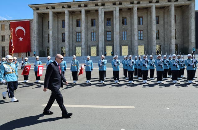 Turkish President Recep Tayyip Erdogan ANKARA, TURKIYE - JULY 15: (----EDITORIAL USE ONLY - MANDATORY CREDIT - TURKISH PRESIDENCY MURAT CETINMUHURDAR HANDOUT - NO MARKETING NO ADVERTISING CAMPAIGNS - DISTRIBUTED AS A SERVICE TO CLIENTS----) Turkish President Recep Tayyip Erdogan (2nd L) greets the ceremonial guard during the July 15 Democracy and National Unity Day commemoration program at the Grand National Assembly of Turkiye in Ankara, Turkiye, on July 15, 2026. Turkish Presidency Murat Cetinmuhurdar Handout Anadolu Ankara Turkey. Editorial use only. Please get in touch for any other usage.  Copyright: x2026xAnadoluxTurkishxPresidencyx xMuratxCetinmuhurdarx xHandoutx