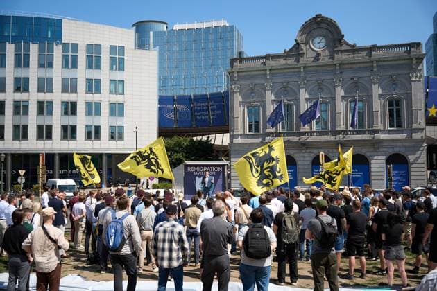 July 15, 2026, Brussels, Belgium: BRUSSELS, BELGIUM Ã¢â‚¬ JULY 15, 2026: Far-right activists Martin Sellner, Eva Vlaardingerbroek, Dries Van Langenhove, Andrea Ballarati and Lucy White joined Members of the European Parliament Dominik TarczyAski, Sebastian Tynkkynen and Geadis Geadi, along with around 200 participants, during the Save Europe Act rally at Place du Luxembourg in Brussels on July 15, 2026. Demonstrators later marched to the entrance of the European Parliament, where organizers symbolically delivered more than 500,000 printed signatures in support of their Save Europe Act initiative. Redu Lonescu JNA PRESS Brussels Belgium - ZUMAq101 20260715_zna_q101_124 Copyright: xRaduxIonescux