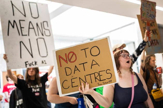 July 15, 2026, Hamilton, On, Canada: People in opposition to AI data centres demonstrate outside the council chambers at city hall in Hamilton, Wednesday, July 15, 2026. Hamilton Canada  - ZUMAc35_ 20260715_zaf_c35_033 Copyright: xNickxIwanyshynx