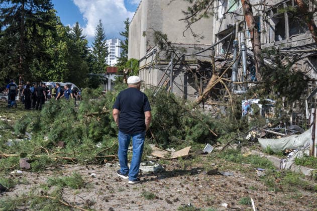 Russian guided bomb strike damages industrial zone in Kharkiv KHARKIV, UKRAINE - JULY 15: The aftermath of a strike by a Russian guided aerial bomb is seen in an industrial zone in Kharkiv, Ukraine, on July 15, 2026. The attack caused severe damage to industrial buildings housing woodworking, footwear and clothing manufacturing facilities, as well as other civilian enterprises. Seven vehicles parked near the impact site were also damaged. According to local authorities, eight civilians were injured in the strike. Men aged 44, 49, 50 and 57, along with women aged 31, 51 and 60, were hospitalized with injuries of varying severity. A 51-year-old man who suffered cuts from shattered glass received medical treatment at the scene. Serhii Masin  Copyright: x2026xAnadoluxSerhiixMasinx
