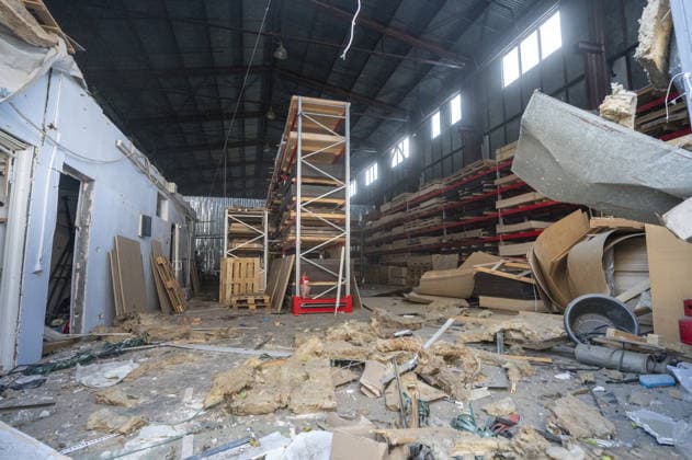 Russian guided bomb strike damages industrial zone in Kharkiv KHARKIV, UKRAINE - JULY 15: The aftermath of a strike by a Russian guided aerial bomb is seen in an industrial zone in Kharkiv, Ukraine, on July 15, 2026. The attack caused severe damage to industrial buildings housing woodworking, footwear and clothing manufacturing facilities, as well as other civilian enterprises. Seven vehicles parked near the impact site were also damaged. According to local authorities, eight civilians were injured in the strike. Men aged 44, 49, 50 and 57, along with women aged 31, 51 and 60, were hospitalized with injuries of varying severity. A 51-year-old man who suffered cuts from shattered glass received medical treatment at the scene. Serhii Masin  Copyright: x2026xAnadoluxSerhiixMasinx