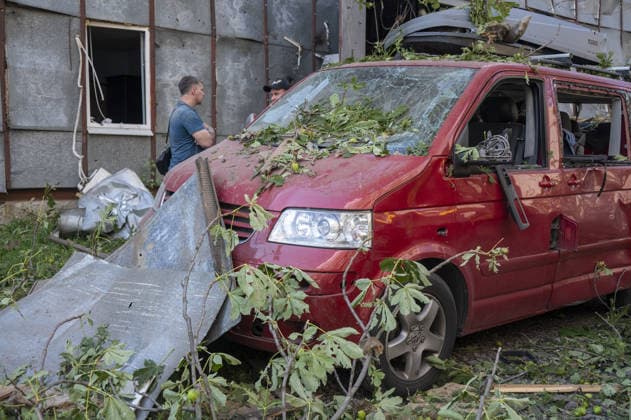 Russian guided bomb strike damages industrial zone in Kharkiv KHARKIV, UKRAINE - JULY 15: The aftermath of a strike by a Russian guided aerial bomb is seen in an industrial zone in Kharkiv, Ukraine, on July 15, 2026. The attack caused severe damage to industrial buildings housing woodworking, footwear and clothing manufacturing facilities, as well as other civilian enterprises. Seven vehicles parked near the impact site were also damaged. According to local authorities, eight civilians were injured in the strike. Men aged 44, 49, 50 and 57, along with women aged 31, 51 and 60, were hospitalized with injuries of varying severity. A 51-year-old man who suffered cuts from shattered glass received medical treatment at the scene. Serhii Masin  Copyright: x2026xAnadoluxSerhiixMasinx