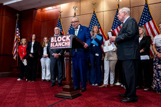 Senate Minority Leader Chuck Schumer, D-NY, speaks during a press conference with survivors of convicted sex offender Jeffrey Epstein at the U.S. Capitol in Washington, DC on Wednesday, June 15, 2026. Epstein survivors and survivors family spoke against Todd Blanche s nomination to be U.S. Attorney General following his Senate Judiciary Committee nomination hearing.  WAP20260715501 BONNIExCASH