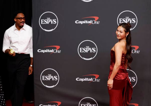 Myles Garrett holds an apple when arriving on the red carpet with Chloe Kim at the 2026 ESPY Awards at David H. Koch Theater at Lincoln Center on Wednesday, July 15, 2026 in New York City.  NYP20260715157 JOHNxANGELILLO