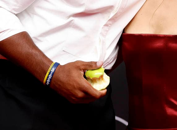 Myles Garrett holds an apple when arriving on the red carpet with Chloe Kim at the 2026 ESPY Awards at David H. Koch Theater at Lincoln Center on Wednesday, July 15, 2026 in New York City.  NYP20260715195 JOHNxANGELILLO
