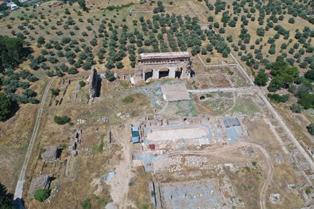 2,000-year-old Olympic pool unearthed in ancient city of Tralleis AYDIN, TURKIYE - JULY 16 : An aerial view of a swimming pool, considered to be one of the olympic pools of the era, has been unearthed during excavations carried out in the 2,000-year-old ancient city of Tralleis on July 16, 2026 in Aydin, Turkiye. Ferdi Uzun Anadolu Aydin Turkey. Editorial use only. Please get in touch for any other usage.  Copyright: x2026xAnadoluxFerdixUzunx