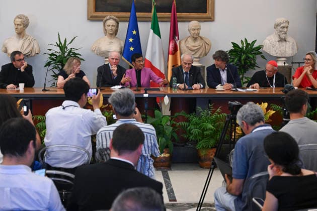 July 16, 2026, Rome, Italy: A moment of the final press conference during the last day of 2026 Global Nobel Laureates Assembly in Rome, Italy, 16 July 2026. ANSA RICCARDO ANTIMIANI. Rome Italy  - ZUMAa110 20260716_zaf_a110_026 Copyright: xRiccardoxAntimianix