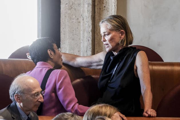 Global Nobel Laureates Assembly on Artificial Intelligence and Nuclear War in Rome ROME, ITALY, JULY 16: Maria Ressa (L), Nobel Peace Prize in 2021, listens to U.S. actress Sharon Stone (R) during the last day of the Global Nobel Laureates Assembly on Artificial Intelligence and Nuclear War at the Capitoline Hill in Rome, Italy, on July 16, 2026. Riccardo De Luca Anadolu Rome Italy. Editorial use only. Please get in touch for any other usage.  Copyright: x2026xAnadoluxRiccardoxDexLucax