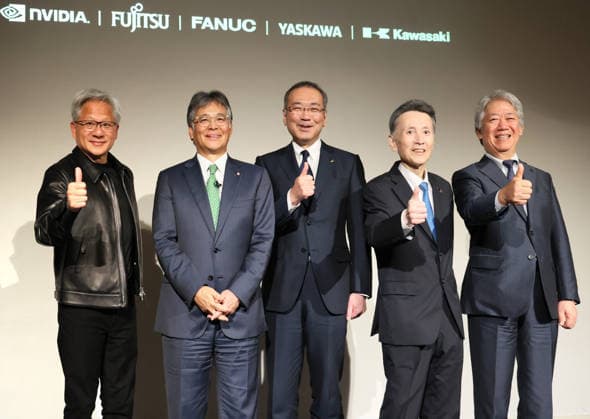 July 16, 2026, Tokyo, Japan - (L-R) American AI chip maker Nvidia founfer and CEO Jensen Huang, Japan s computer giant Fujitsu president Takahito Tokita, robotics company Fanuc president Kenji Yamaguchi, robotics company Yaskawa Electric vice chairman Masahiro Ogawa and Kawasaki Heavy Industries president Yasuhiko Hashimoto pose for photo as they announce Japanese robotics companies begin business collaboration with Fujitsu and Nvidia in the field of the physical AI at a press conference in Tokyo on Thursday, July 16, 2026. (photo by Yoshio Tsunoda AFLO)  aflo_338196629