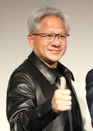 July 16, 2026, Tokyo, Japan - American AI chip maker Nvidia founfer and CEO Jensen Huang gives a thumb-up at a press conference as Japanese three robotics companies, Fanuc, Yaskawa Electric and Kawasaki Heavy Industries begin business collaboration with Nvidia and computer giant Fujitsu in the field of the physical AI in Tokyo on Thursday, July 16, 2026. (photo by Yoshio Tsunoda AFLO)  aflo_338196739