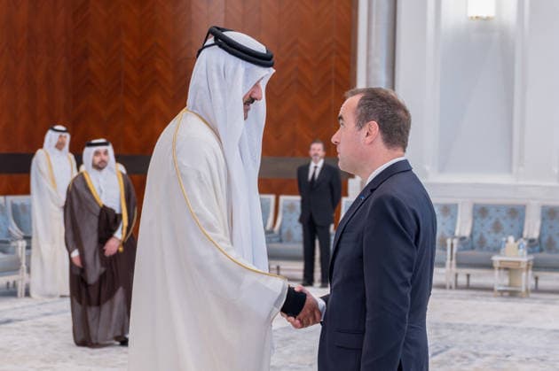 PM Lecornu Meets Emir of Qatar - Doha Emir of Qatar Sheikh Tamim bin Hamad Al Thani receives French Prime Minister Sebastien Lecornu (right), who presents his condolences after the passing of Sheikh Tamim’s father, the late Emir Sheikh Hamad bin Khalifa Al Thani, at Lusail Palace, in Doha, Qatar, on July 15, 2026. Photo by Balkis Press ABACAPRESS.COM Doha Qatar  Copyright: xBalkisxPress ABACAx