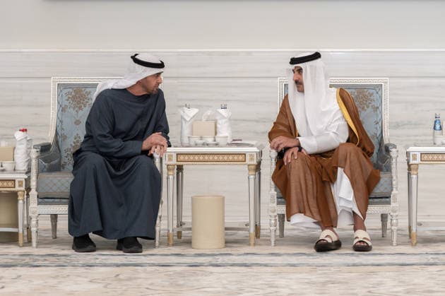 Emir of Qatar Receives Condolences from Heads of State - Doha Emir of Qatar Sheikh Tamim bin Hamad Al Thani receives UAE president Mohammed Bin Zayed or MBZ (left) who presents his condolences after the passing of Sheikh Tamim’s father, the late Emir Sheikh Hamad bin Khalifa Al Thani, at Lusail Palace, in Doha, Qatar, on July 15, 2026. Photo by Balkis Press ABACAPRESS.COM Doha Qatar  Copyright: xBalkisxPress ABACAx