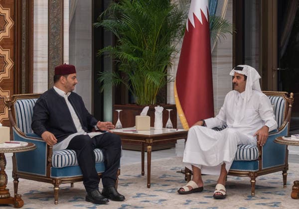 Emir of Qatar Receives Condolences from Heads of State - Doha Emir of Qatar Sheikh Tamim bin Hamad Al Thani receives Lt. Gen. Saddam Khalifa Haftar (left) who presents his condolences after the passing of Sheikh Tamim’s father, the late Emir Sheikh Hamad bin Khalifa Al Thani, at Lusail Palace, in Doha, Qatar, on July 15, 2026. Photo by Balkis Press ABACAPRESS.COM Doha Qatar  Copyright: xBalkisxPress ABACAx