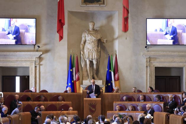 Global Nobel Laureates Assembly on Artificial Intelligence and Nuclear War in Rome ROME, ITALY - JULY 16: Rome s Mayor Roberto Gualtieri (C) speaks during the last day of the Global Nobel Laureates Assembly on Artificial Intelligence and Nuclear War at the Capitoline Hill in Rome, Italy, on July 16, 2026. Riccardo De Luca Anadolu Rome Italy. Editorial use only. Please get in touch for any other usage.  Copyright: x2026xAnadoluxRiccardoxDexLucax