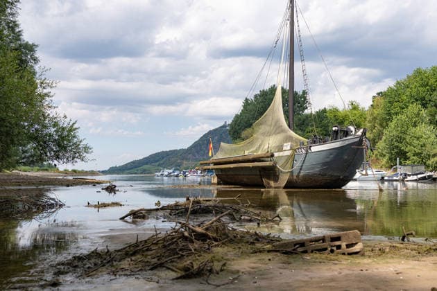 Niedrigwasser am Rhein - Hitzewelle und Trockenheit lassen Pegel sinken Insel Grafenwerth. Mit dem Aalschokker Aranka, der im toten Rheinarm nahezu auf Grund liegt - Niedrigwasser am Rhein infolge anhaltender Trockenheit und einer Hitzewelle mit Temperaturen über 30 Grad. Zwischen Bad Honnef und Bonn liegen die Pegelstände bei 24 cm am Pegel Oberwinter und 95 cm am Pegel Bonn. Die Binnenschifffahrt ist eingeschränkt - Frachtschiffe können nur noch mit reduzierter Ladung fahren. Bad Honnef Insel Grafenwewrth Nordrhein-Westfalen Deutschland *** Low Water Levels on the Rhine: Heat Wave and Drought Cause Water Levels to Drop Grafenwerth Island: The eel boat Aranka, which is nearly aground in the dead arm of the Rhine Low water levels on the Copyright: xMarcxJohnx