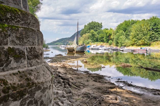 Niedrigwasser am Rhein - Hitzewelle und Trockenheit lassen Pegel sinken Insel Grafenwerth. Mit dem Aalschokker Aranka, der im toten Rheinarm nahezu auf Grund liegt - Niedrigwasser am Rhein infolge anhaltender Trockenheit und einer Hitzewelle mit Temperaturen über 30 Grad. Zwischen Bad Honnef und Bonn liegen die Pegelstände bei 24 cm am Pegel Oberwinter und 95 cm am Pegel Bonn. Die Binnenschifffahrt ist eingeschränkt - Frachtschiffe können nur noch mit reduzierter Ladung fahren. Bad Honnef Insel Grafenwewrth Nordrhein-Westfalen Deutschland *** Low Water Levels on the Rhine: Heat Wave and Drought Cause Water Levels to Drop Grafenwerth Island: The eel boat Aranka, which is nearly aground in the dead arm of the Rhine Low water levels on the Copyright: xMarcxJohnx