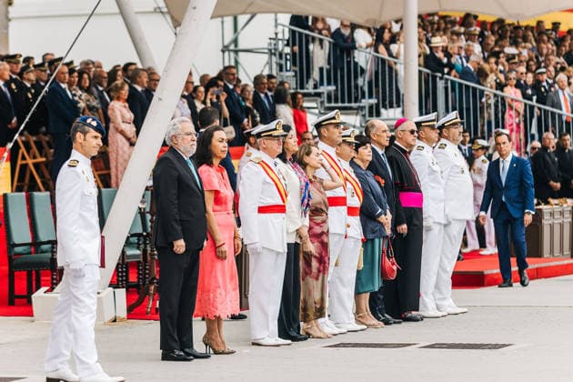 Felipe VI presides over the oath-taking ceremony before the flag and the presentation of royal commissions at the Naval Academy in Marín, Pontevedra. King Felipe VI, during the solemn ceremony of the oath or pledge before the flag and the presentation of royal commissions to the new class of Navy officers, on July 16, 2026, in Marín, Pontevedra, Galicia, Spain. This traditional military and institutional ceremony, held in the parade ground of the Naval Academy to coincide with the feast day of Our Lady of Mount Carmel—patron saint of seafarers and the Navy— is presided over by His Majesty King Felipe VI to award decorations to the most outstanding cadets and welcome the new officers to the ranks of the General Corps, Marine Corps, and Quar  Copyright: xBeatrizxCiscarx 7668287
