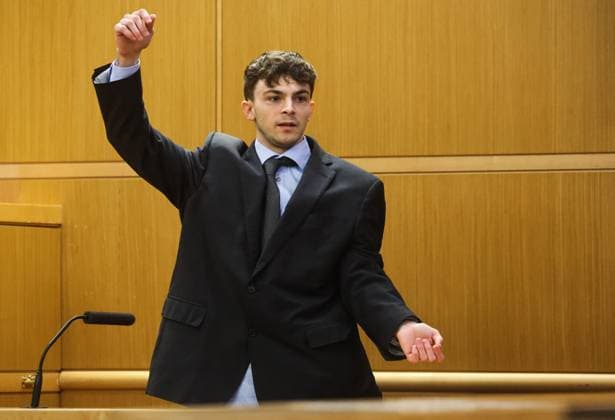 July 16, 2026, Clearwater, Florida, USA: Stuart Beck demonstrates how he scuffled with the deceased before shooting him while Beck takes the stand and testifies in his murder trial at the Pinellas County Justice Center on Thursday, July 16, 2026 in Clearwater. Beck is on trial for shooting and killed Michael Conrad. Clearwater USA - ZUMAs70_ 20260716_zan_s70_014 Copyright: xDirkxShaddx